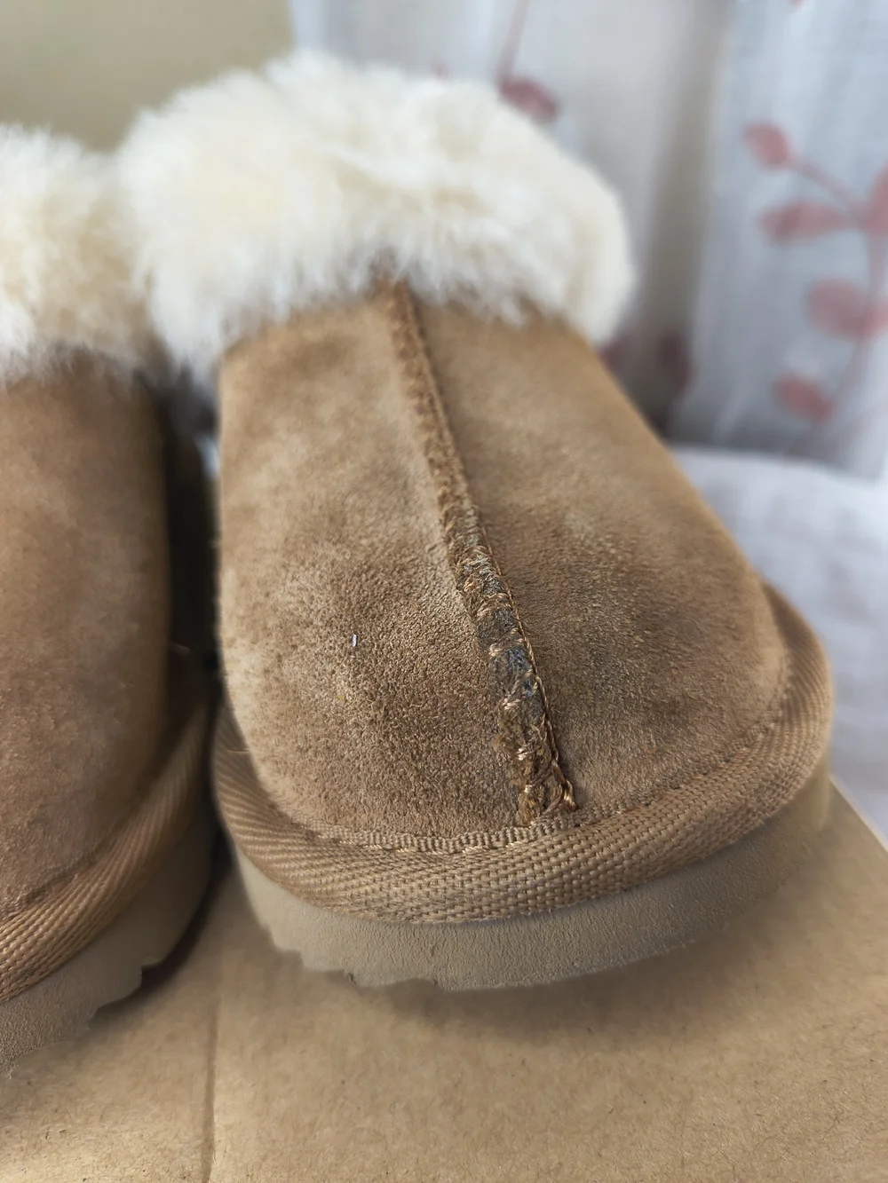 UGG Chestnut Brown Suede Plush Cuff Kids Slide Slippers